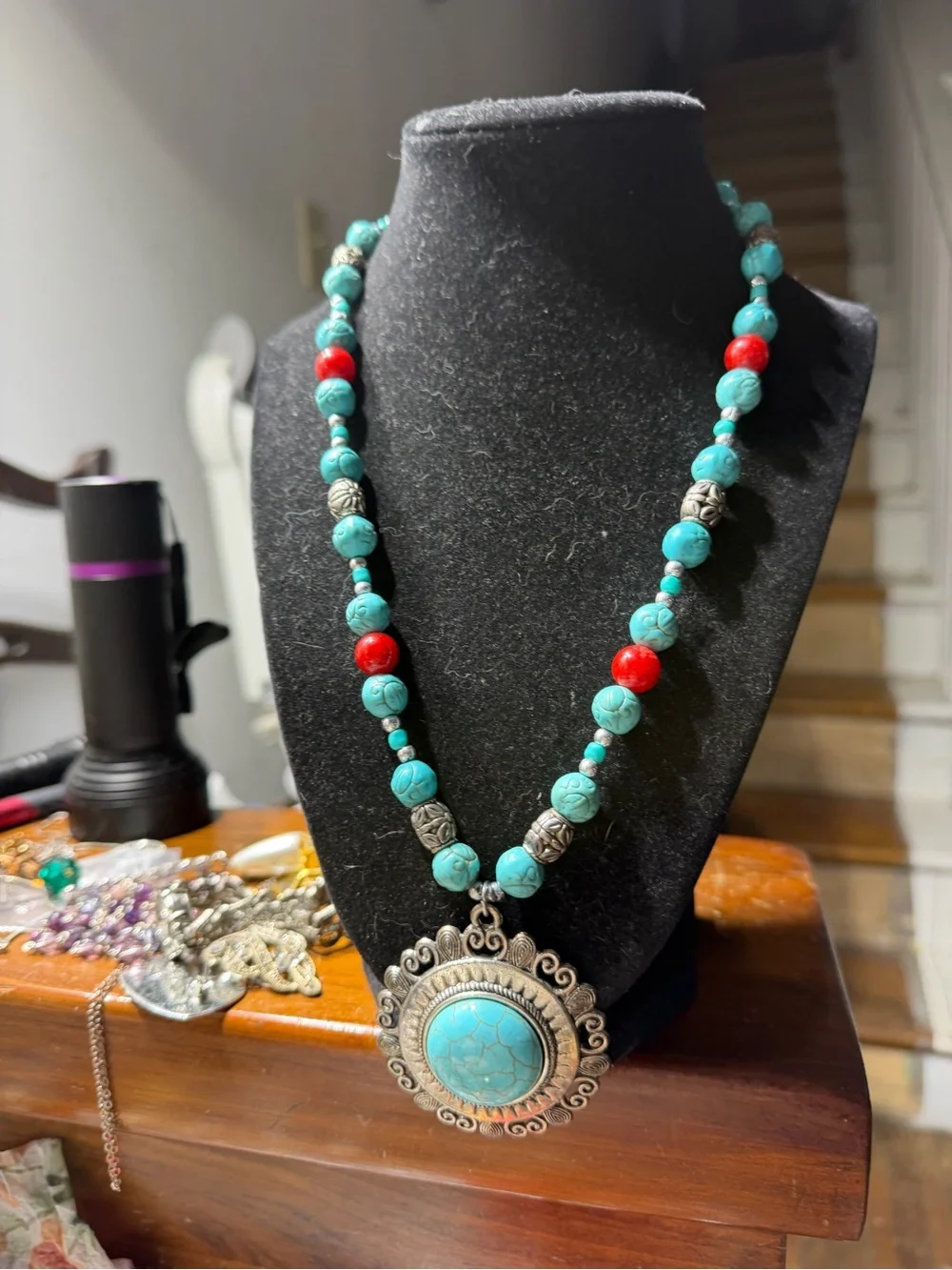 Vintage Silver Tone Blue Read Beaded Pendant Necklace